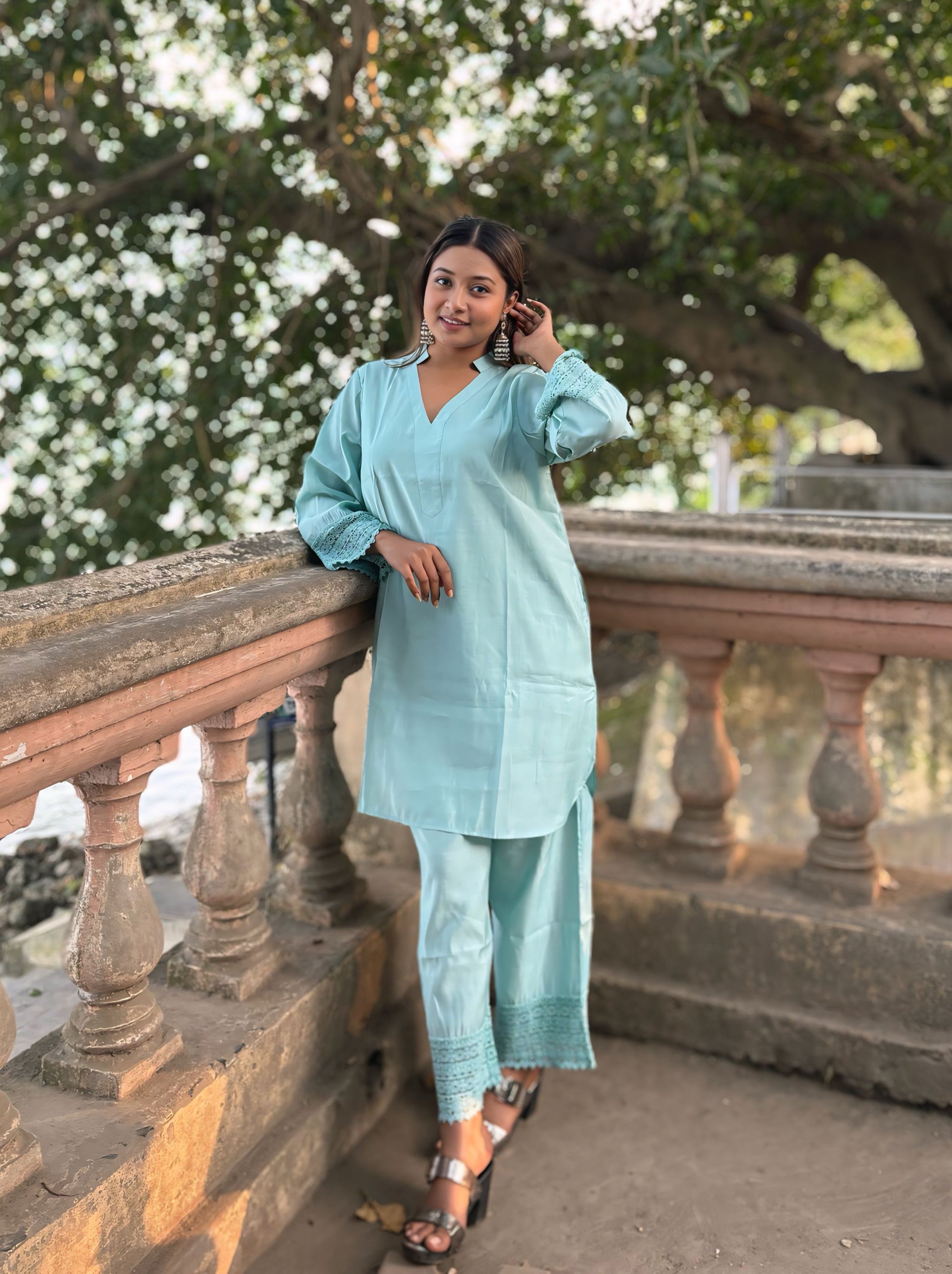 Women's Kurta and Pant Set Lace Detail Designer Co-ord Set