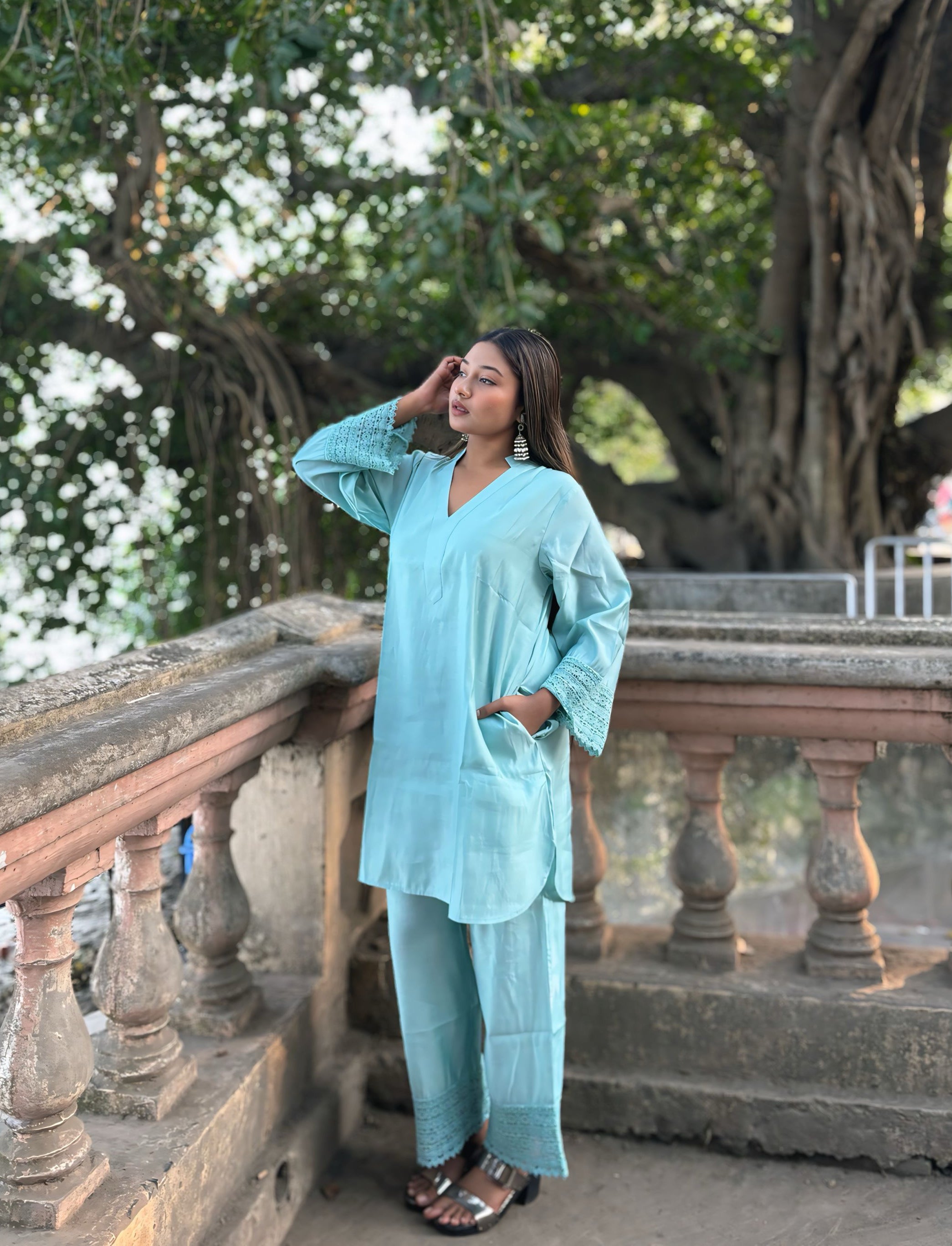 Women's Kurta and Pant Set Lace Detail Designer Co-ord Set