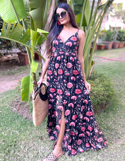 black floral chiffon dress, maxi dress