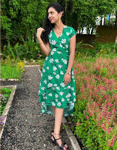 green floral dress, wrap dress