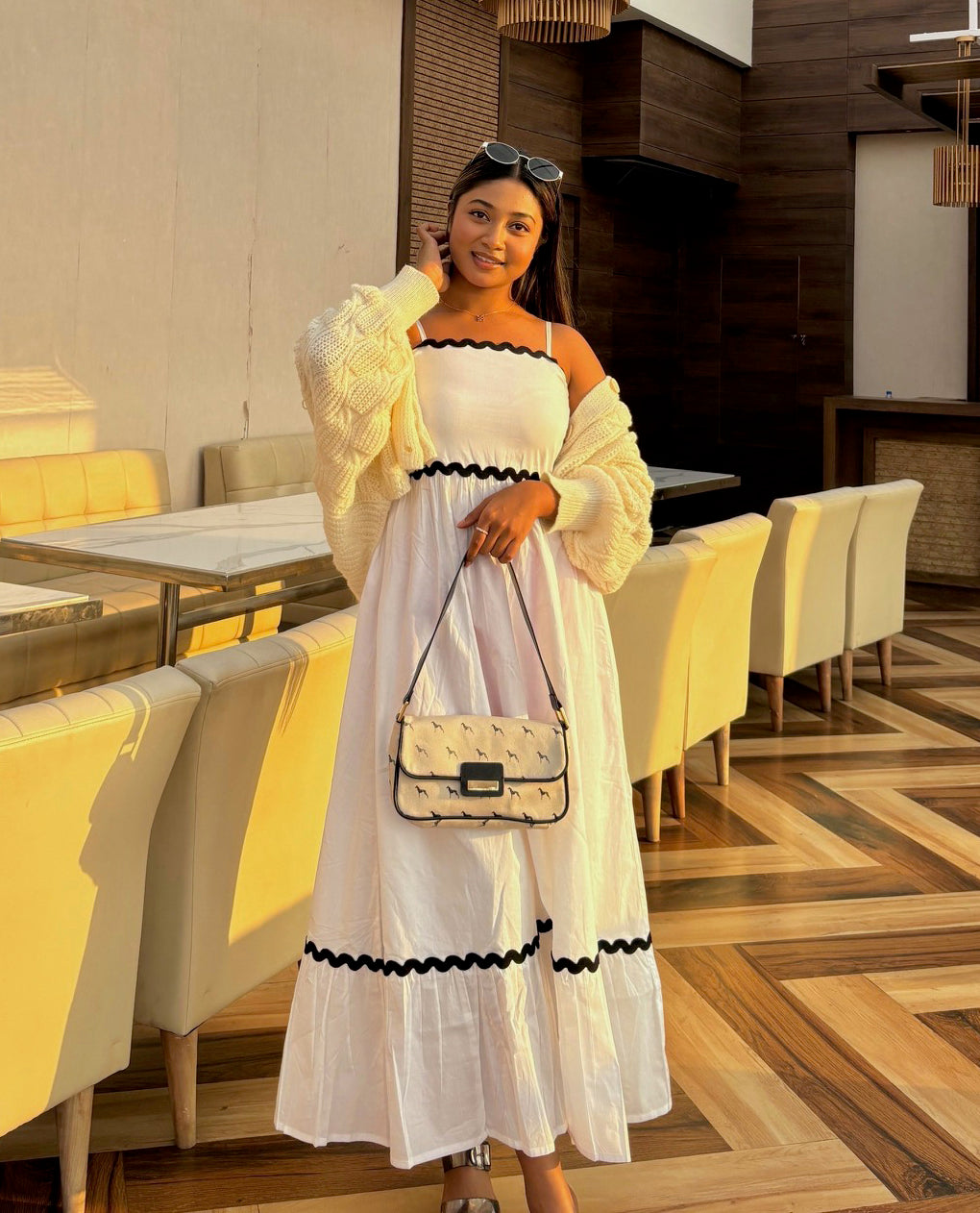 Women's Solid Full-Length Cotton Dress with Zigzag Lace