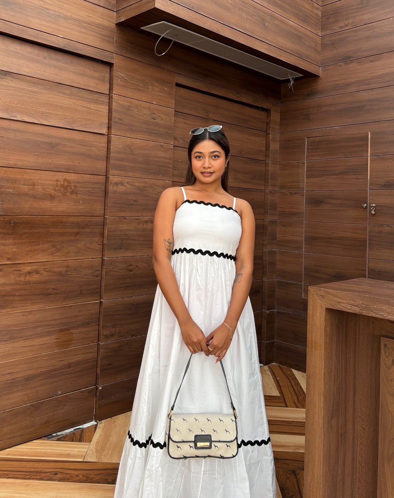 Women's Solid Full-Length Cotton Dress with Zigzag Lace