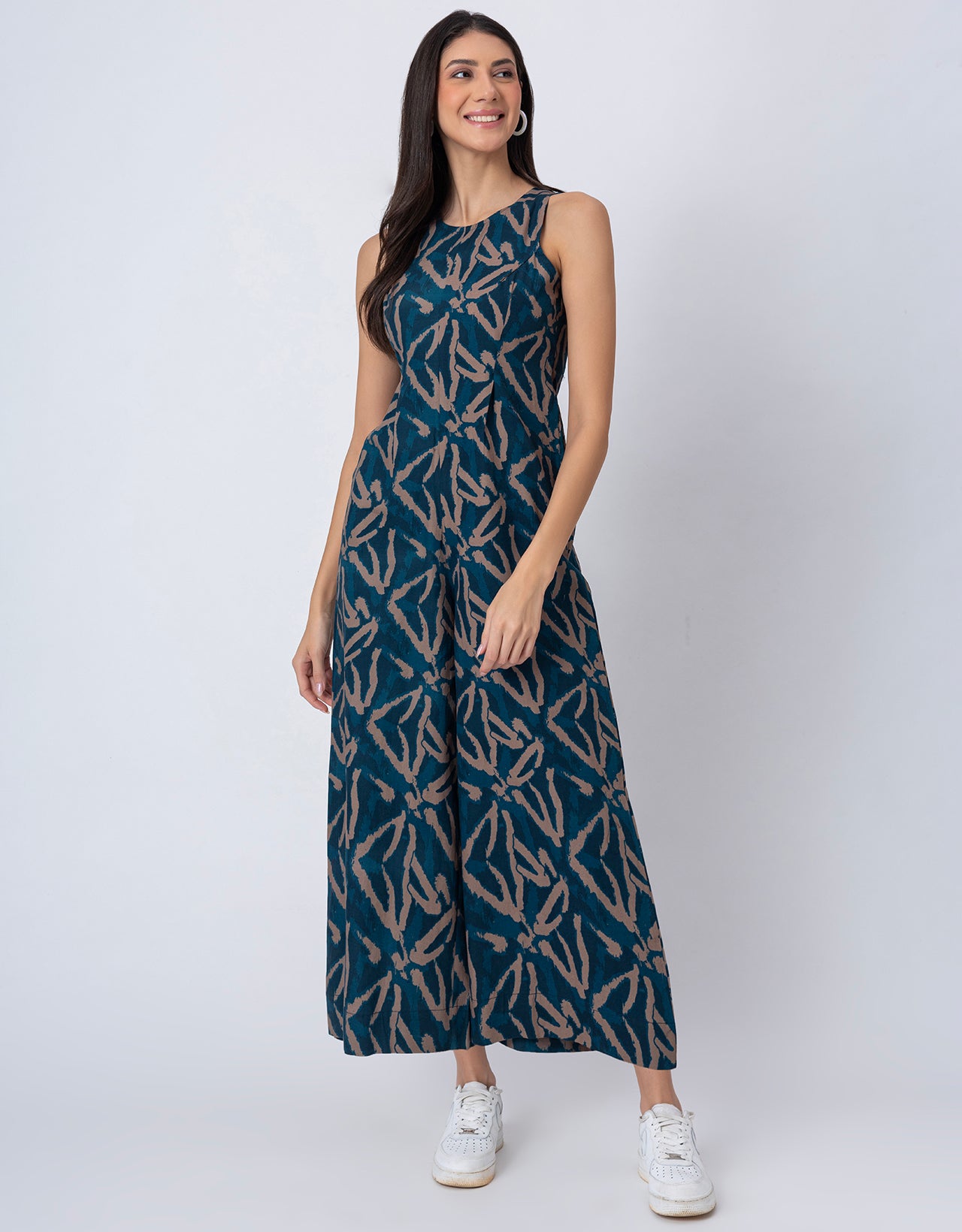 Sleeveless Printed Wide Leg Jumpsuit With Pockets For Women