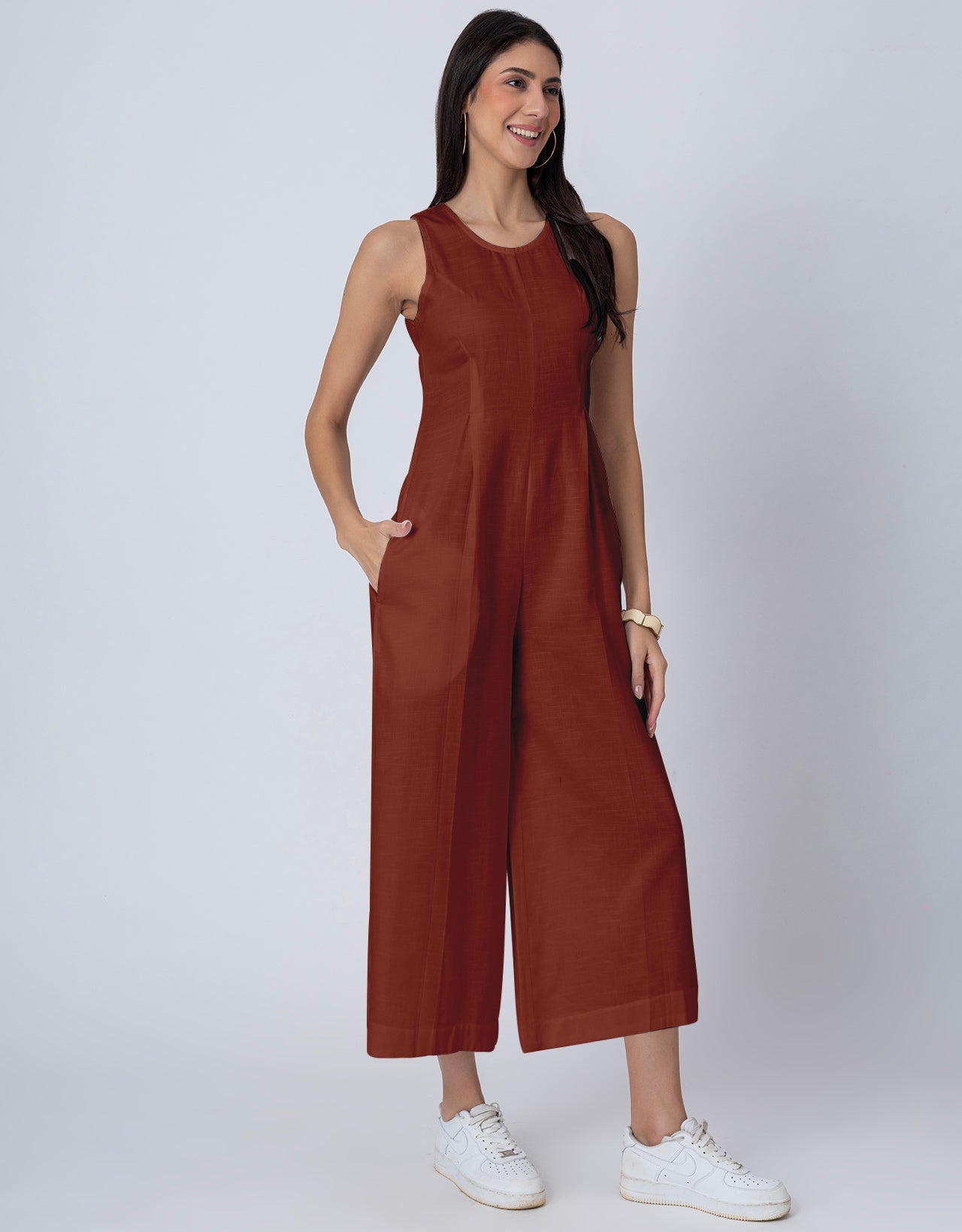 Sleeveless Printed Wide Leg Jumpsuit With Pockets For Women