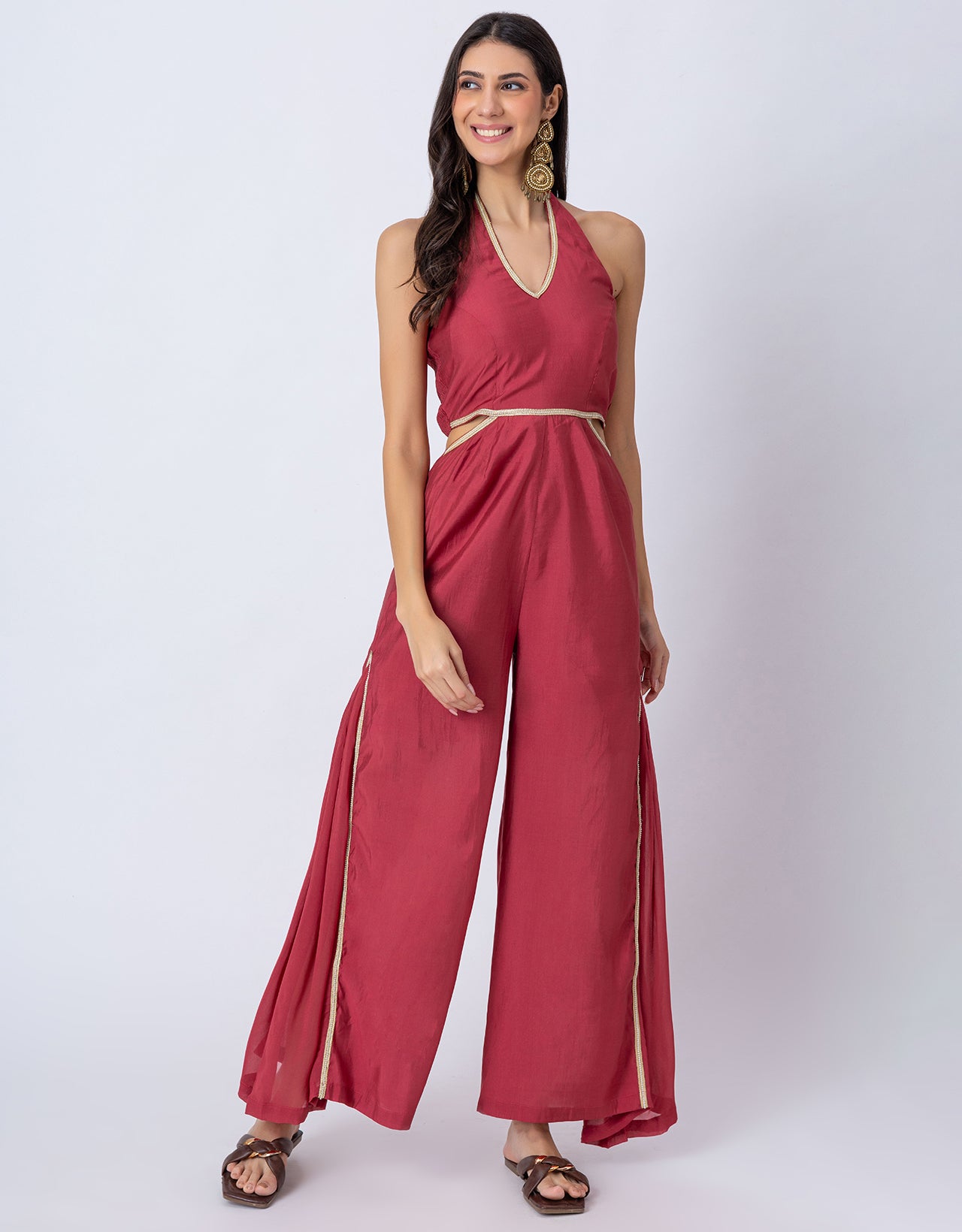 Solid Wide-Leg Jumpsuit Indo-Western Fusion Party Wear for Women