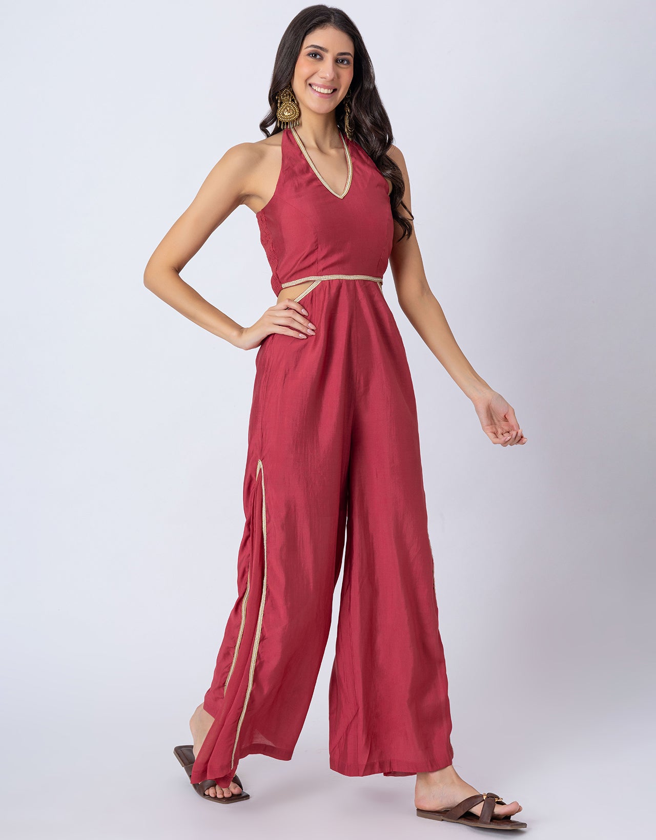 Solid Wide-Leg Jumpsuit Indo-Western Fusion Party Wear for Women