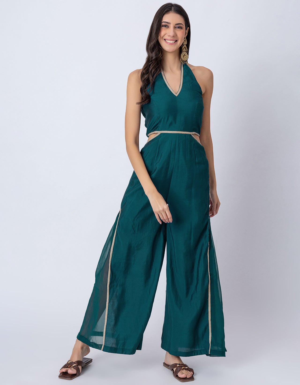 Solid Wide-Leg Jumpsuit Indo-Western Fusion Party Wear for Women