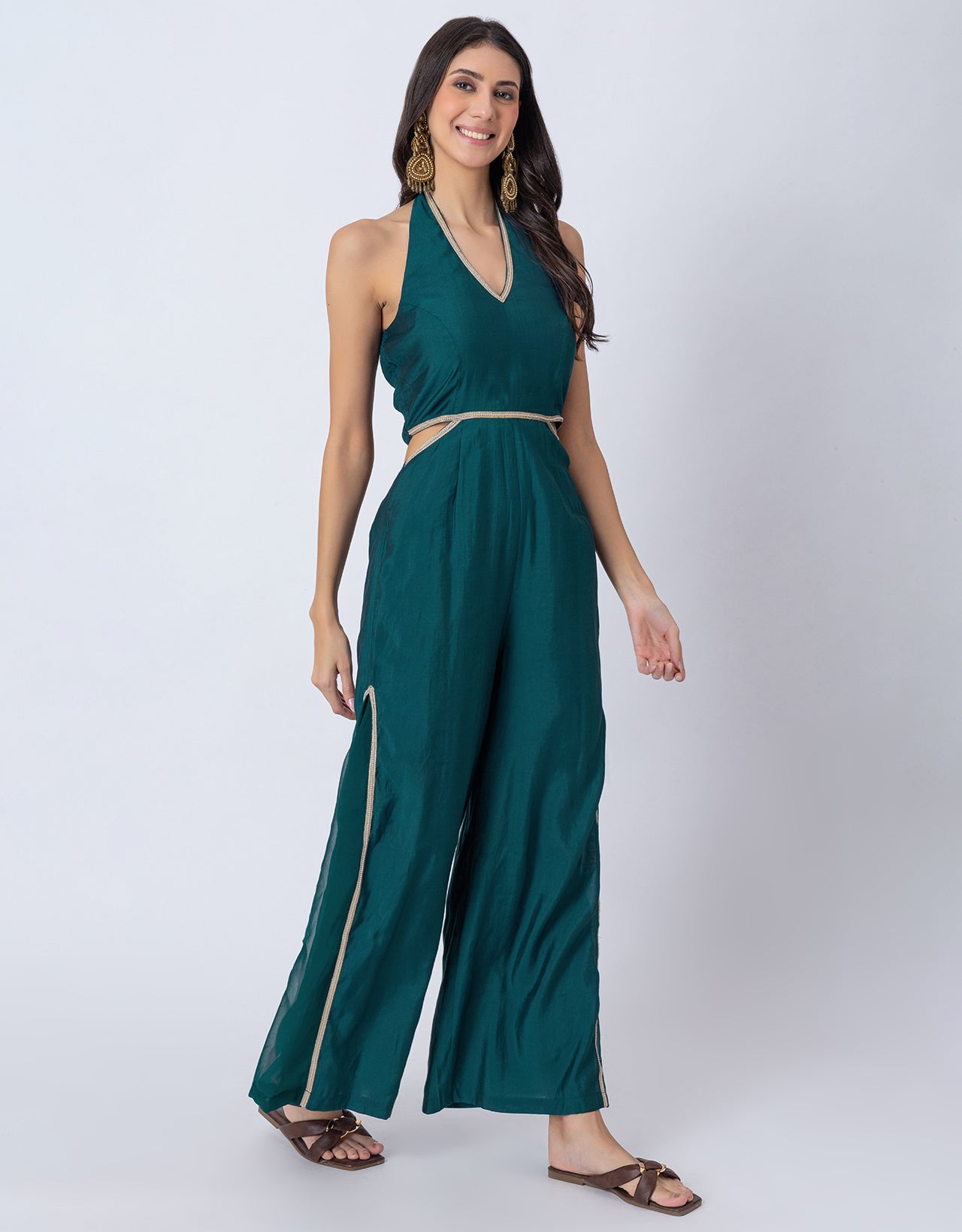 Solid Wide-Leg Jumpsuit Indo-Western Fusion Party Wear for Women