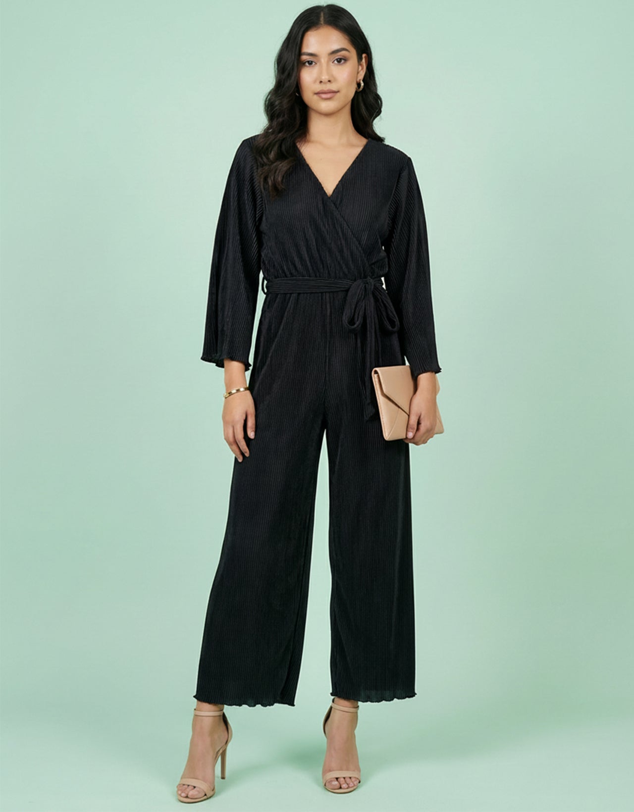 Women's Satin Plisse Wrap Front Jumpsuit - Pleated V-Neck