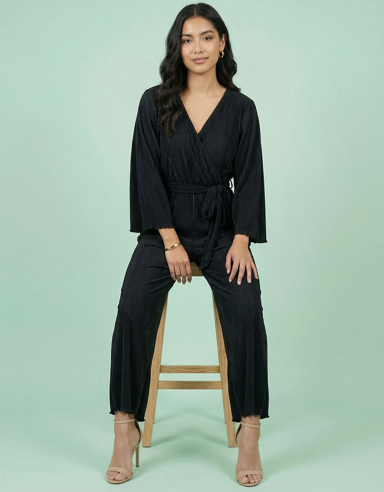 Women's Satin Plisse Wrap Front Jumpsuit - Pleated V-Neck