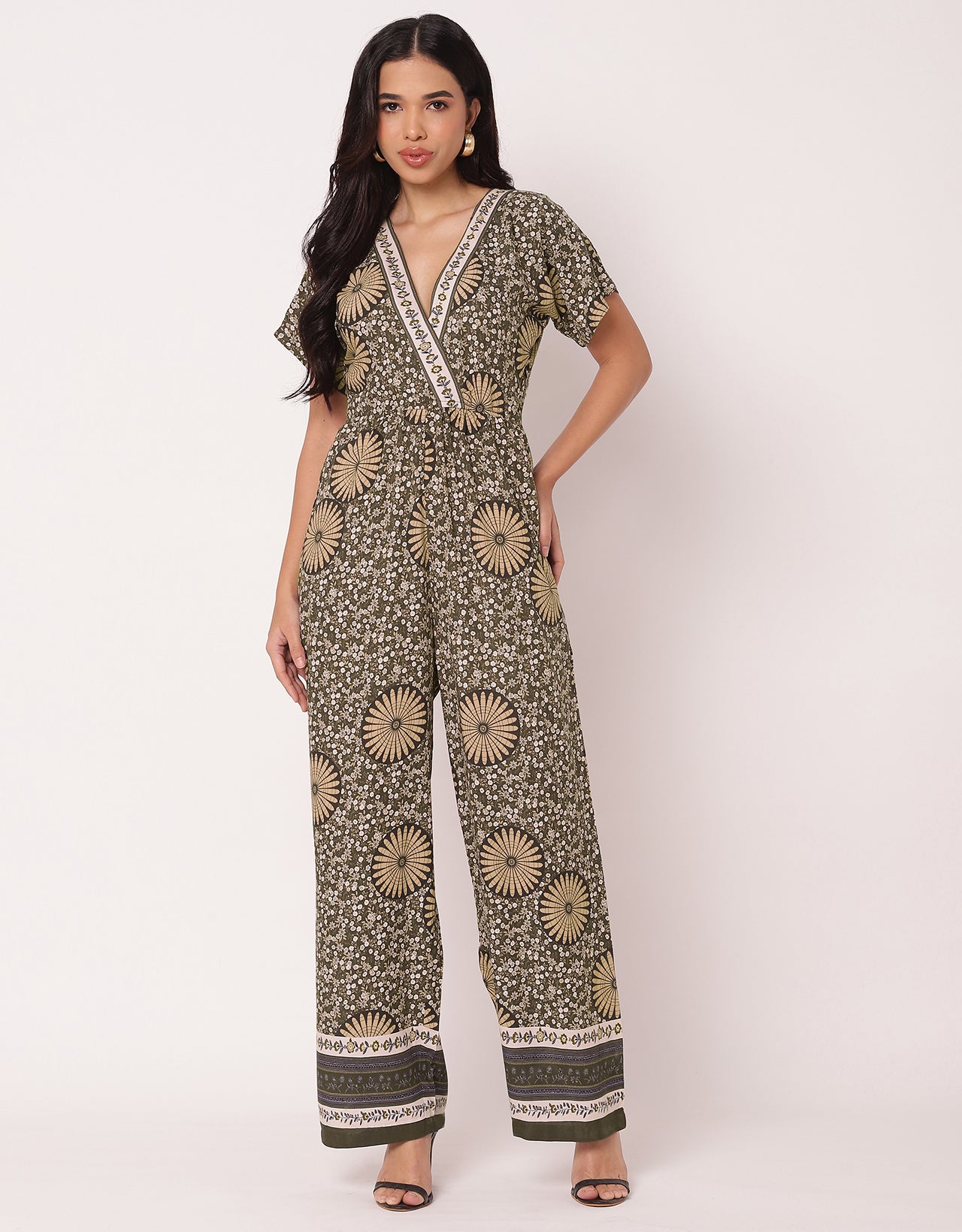 Short Sleeve Full Leg Printed Rayon Jumpsuit