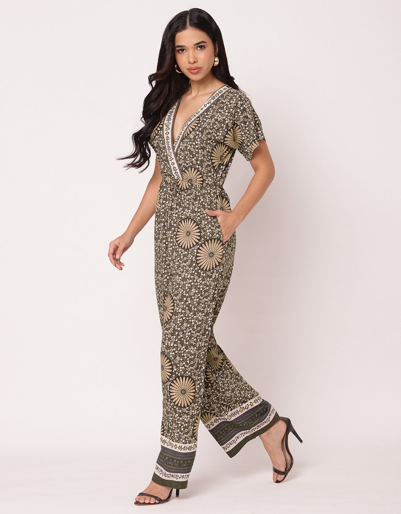 Short Sleeve Full Leg Printed Rayon Jumpsuit