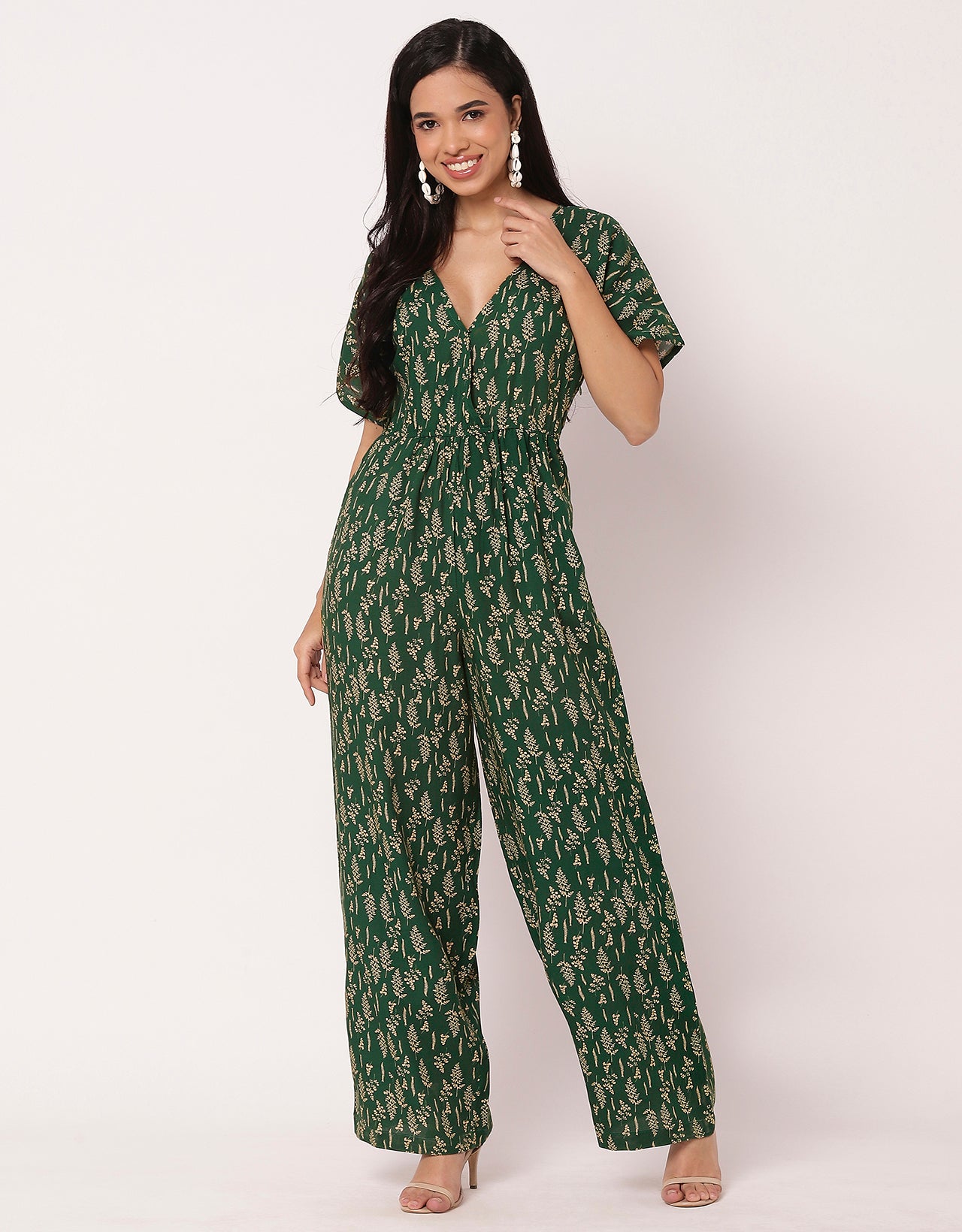 Short Sleeve Full Leg Printed Rayon Jumpsuit