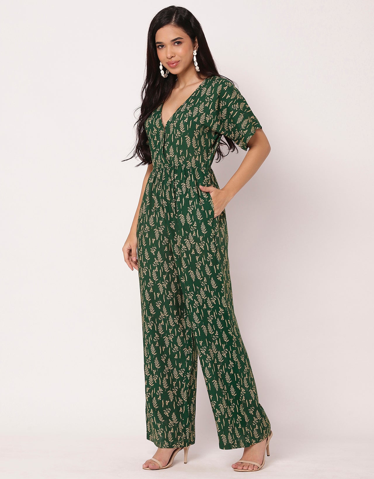 Short Sleeve Full Leg Printed Rayon Jumpsuit