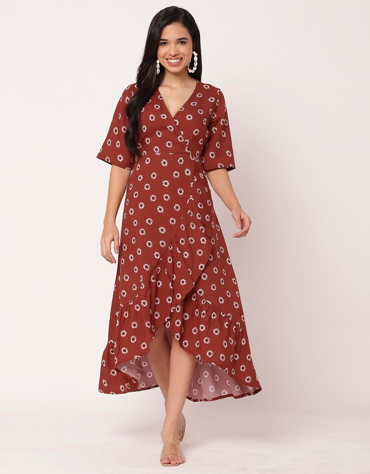 V Neck Printed Rayon quarter sleeve Wrap Dress