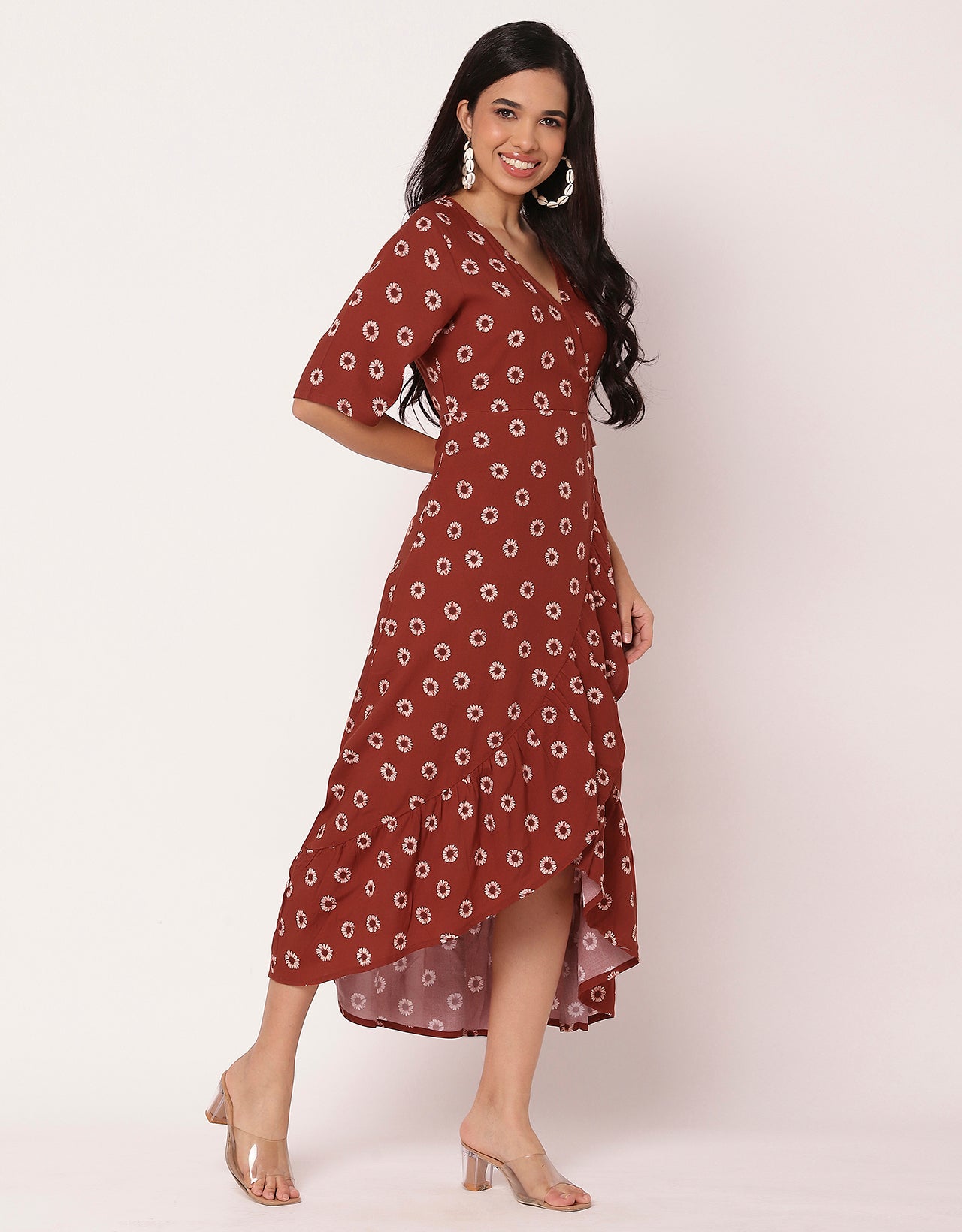 V Neck Printed Rayon quarter sleeve Wrap Dress