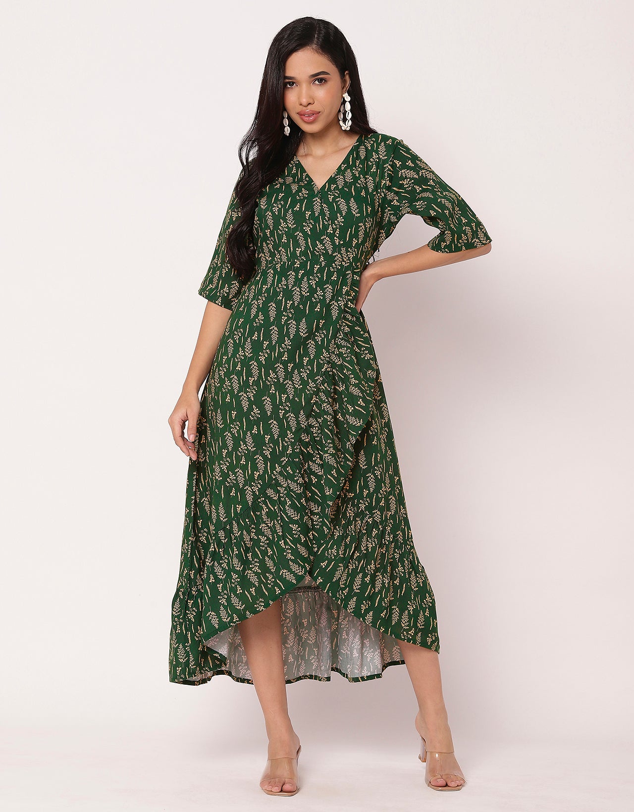V Neck Printed Rayon quarter sleeve Wrap Dress
