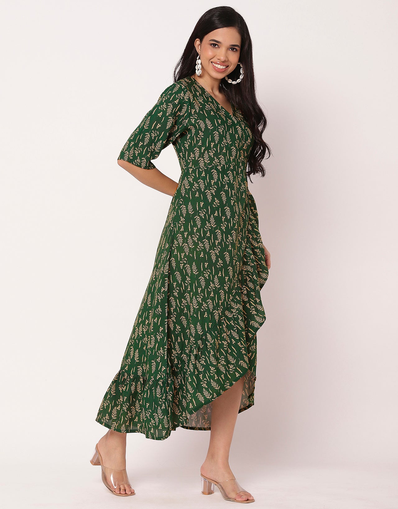 V Neck Printed Rayon quarter sleeve Wrap Dress
