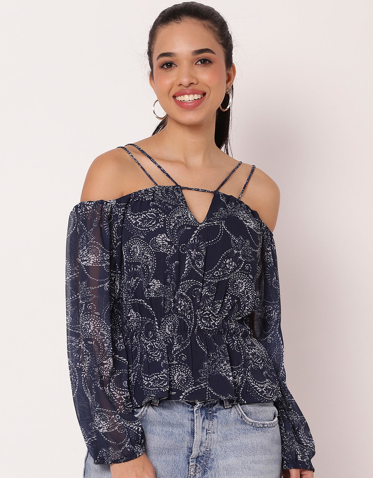 Long Sleeves Off Shoulder Printed Top