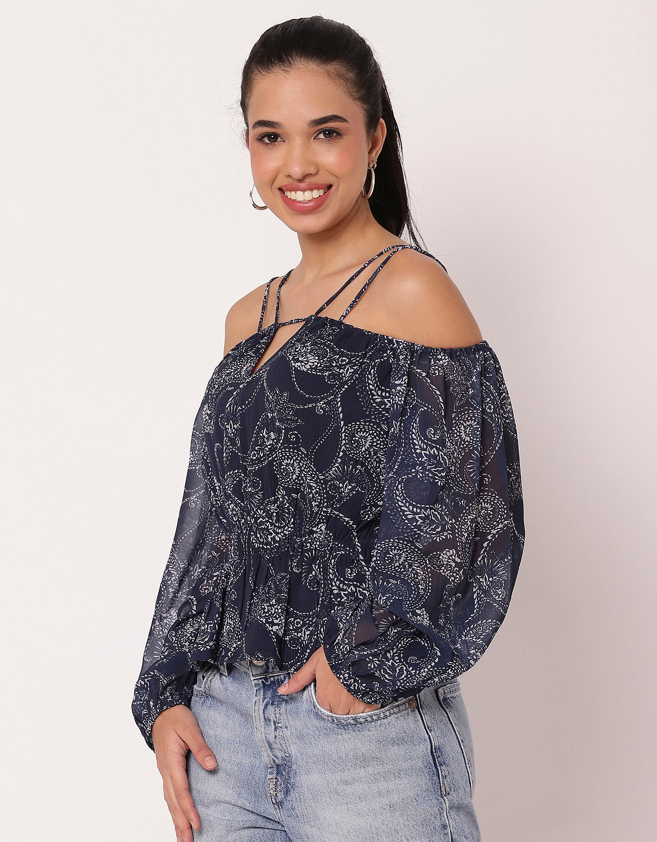 Long Sleeves Off Shoulder Printed Top