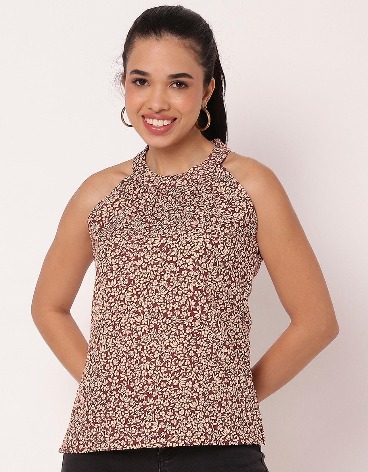 Sleeveless Halter Neck Printed Loose Fit Top