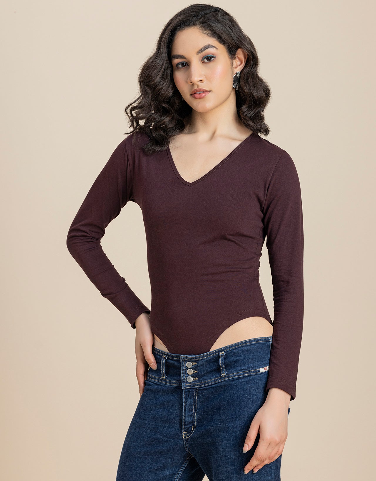 V-Neck Solid Cotton Bodysuit For Women