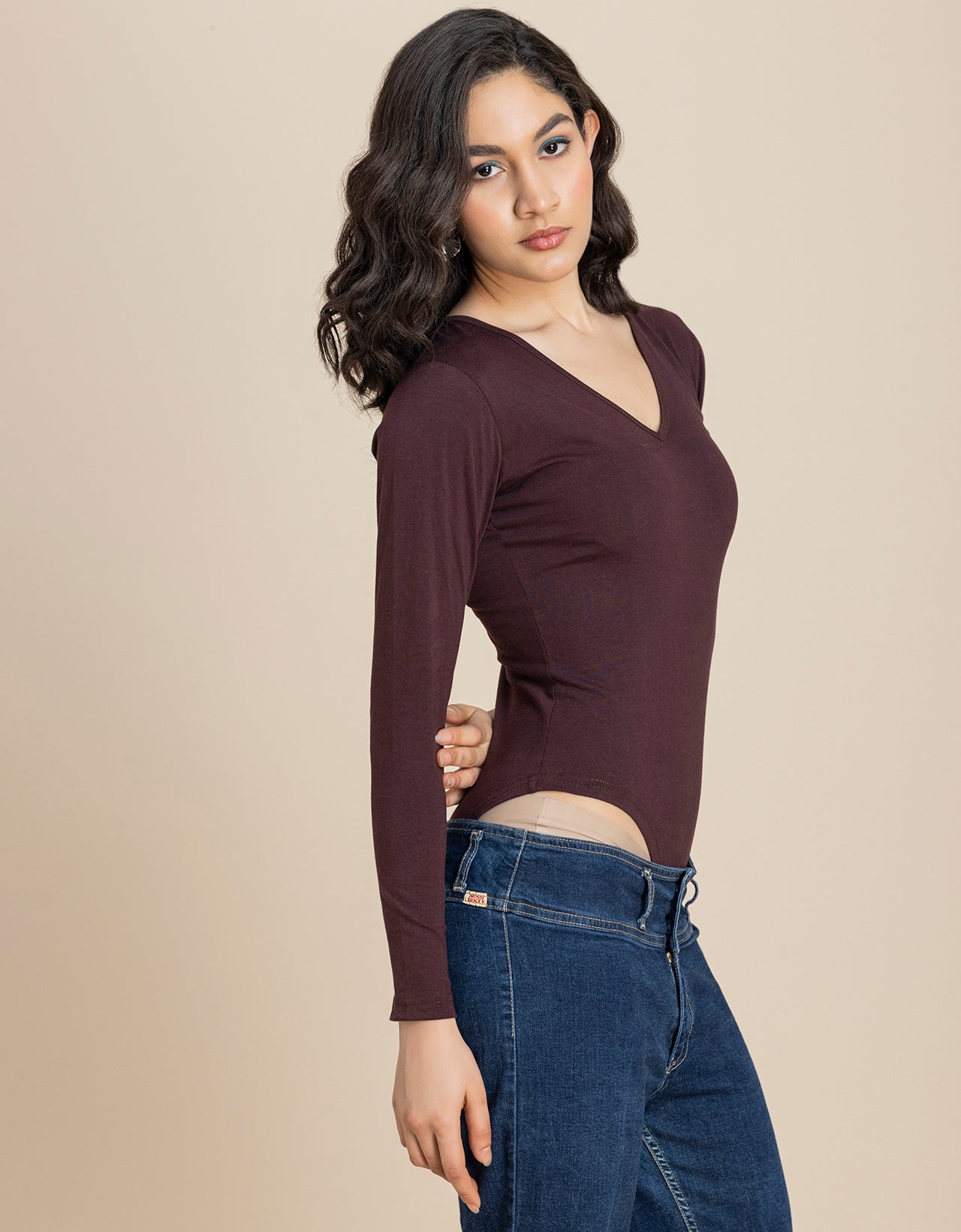 V-Neck Solid Cotton Bodysuit For Women
