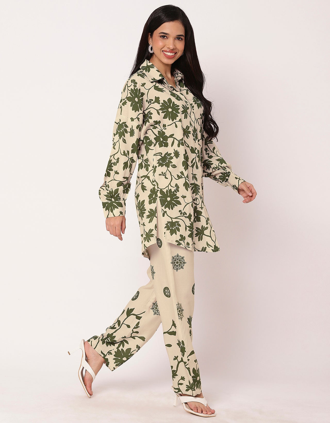 2 Pcs Loose Fit Co-Ord Set, Long Shirt With Pants