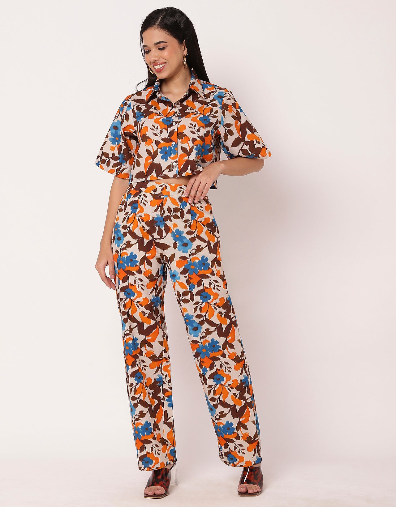 Printed 2 Pcs Co-Ord Set, Crop Shirt With Pants