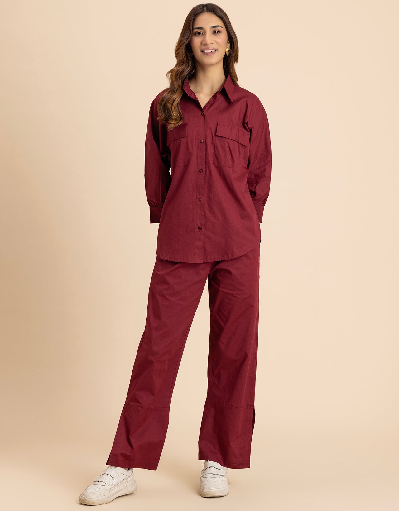 Solid 2 Pcs Cotton Co-Ord Set Long Shirt With Pants for Women