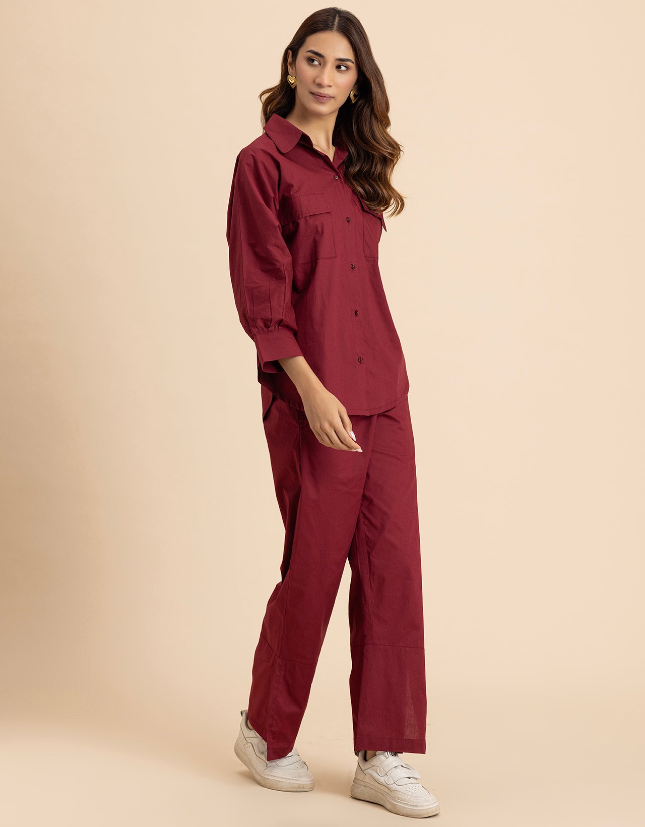 Solid 2 Pcs Cotton Co-Ord Set Long Shirt With Pants for Women