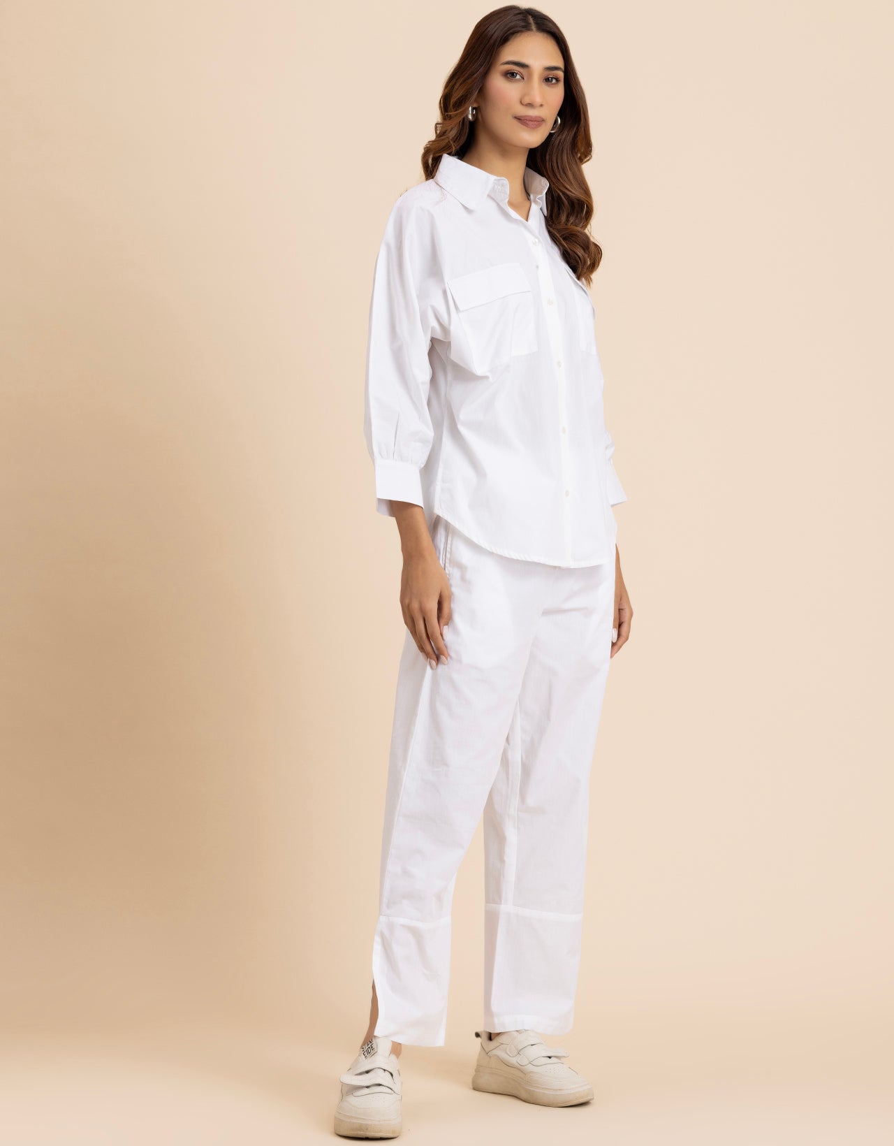 Solid 2 Pcs Cotton Co-Ord Set Long Shirt With Pants for Women