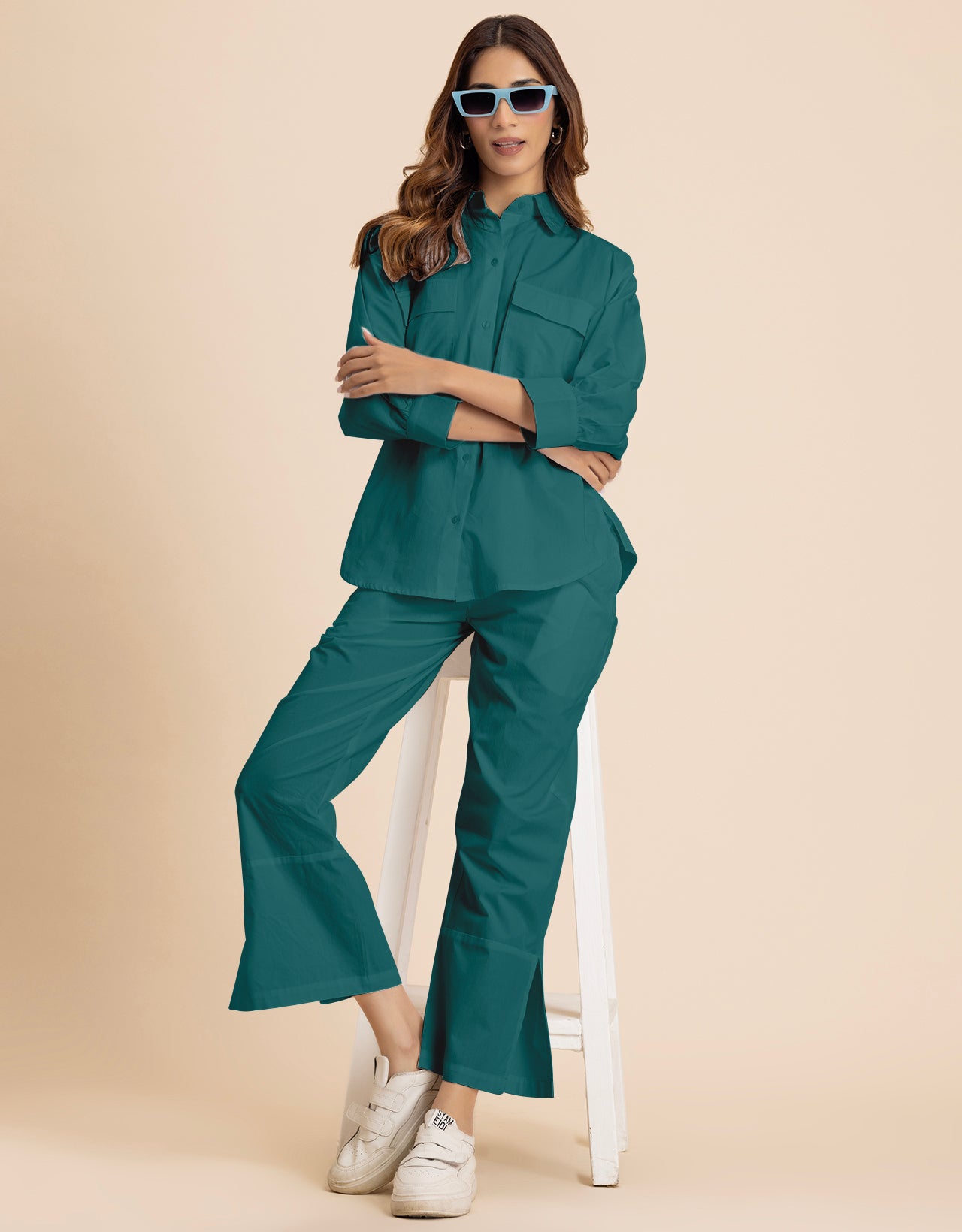 Solid 2 Pcs Cotton Co-Ord Set Long Shirt With Pants for Women