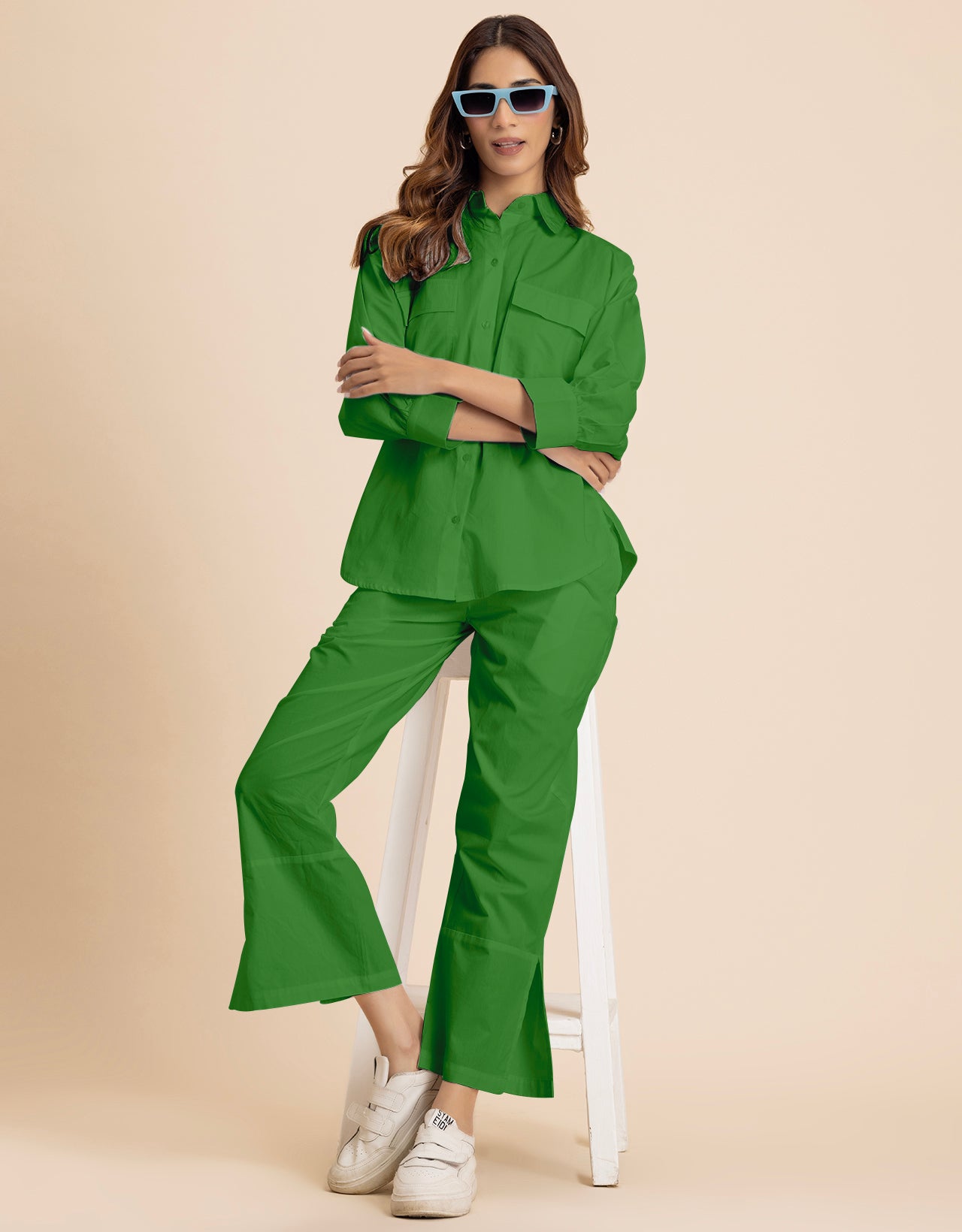 Solid 2 Pcs Cotton Co-Ord Set Long Shirt With Pants for Women