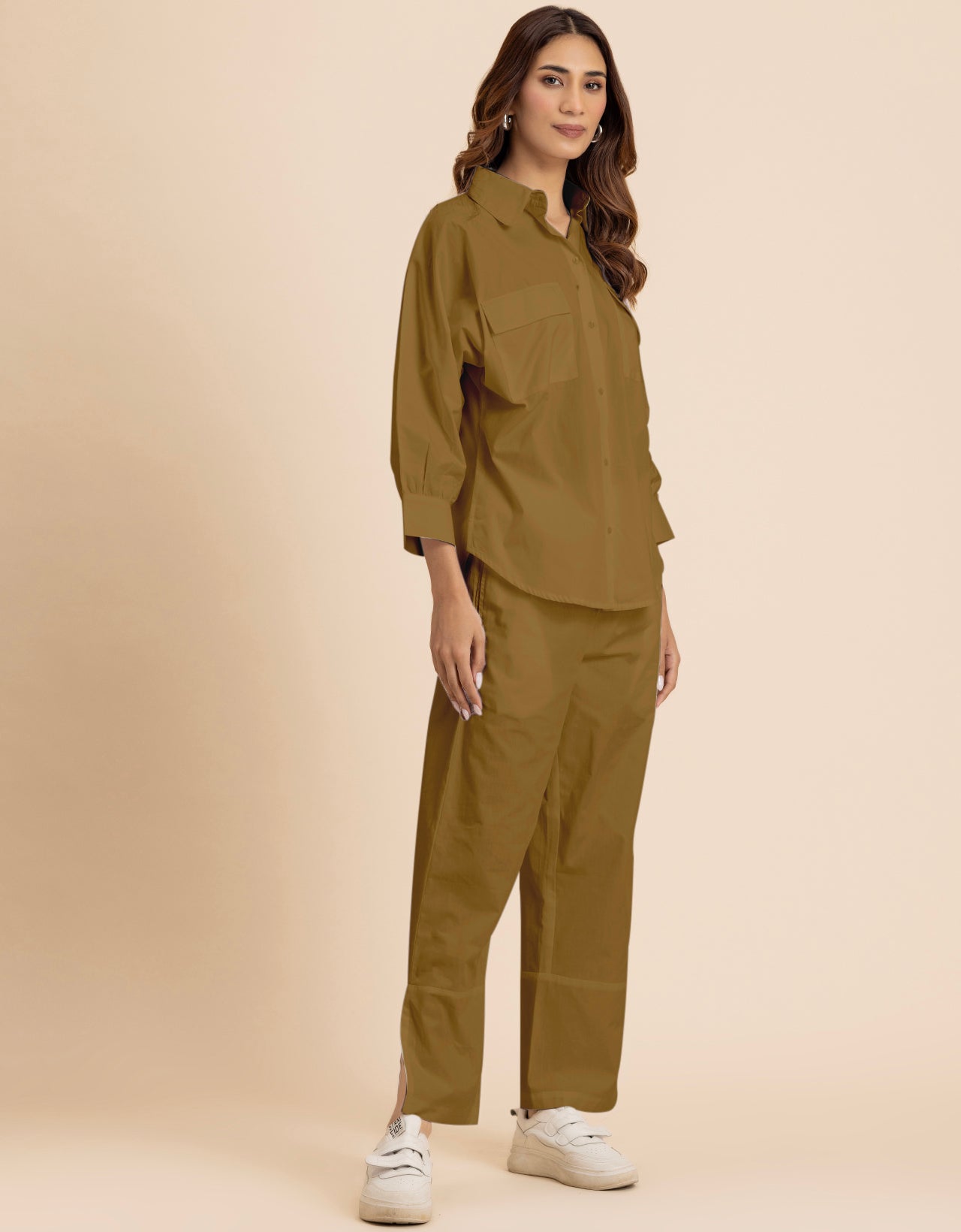 Solid 2 Pcs Cotton Co-Ord Set Long Shirt With Pants for Women