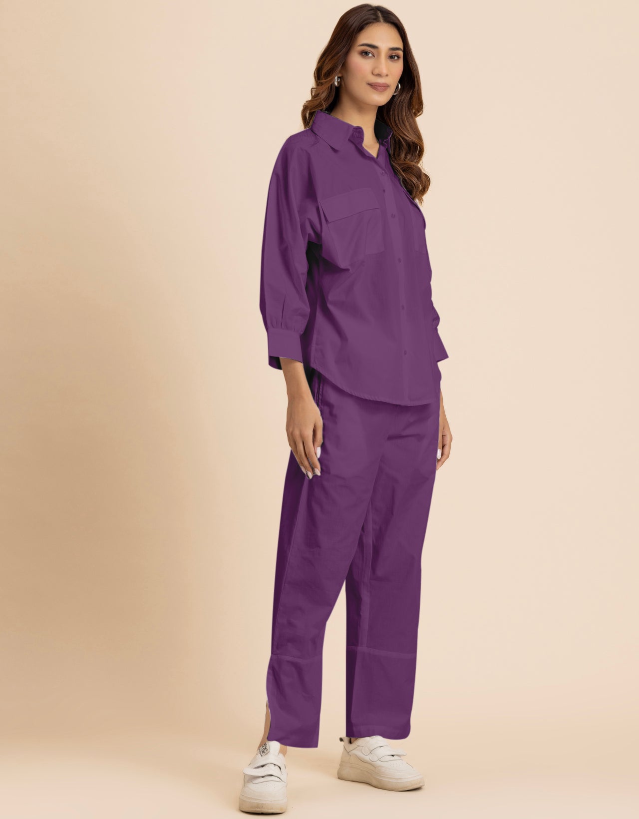 Solid 2 Pcs Cotton Co-Ord Set Long Shirt With Pants for Women