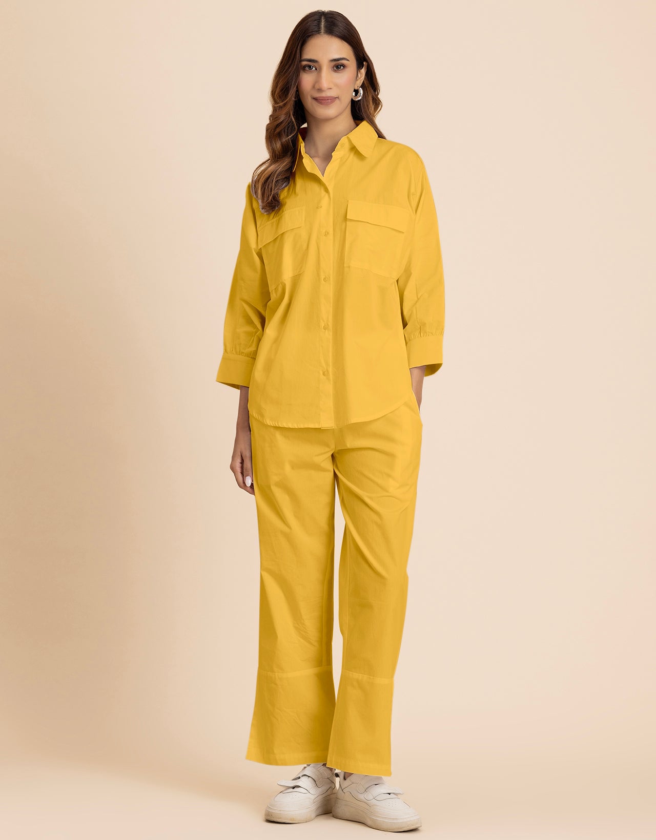 Solid 2 Pcs Cotton Co-Ord Set Long Shirt With Pants for Women