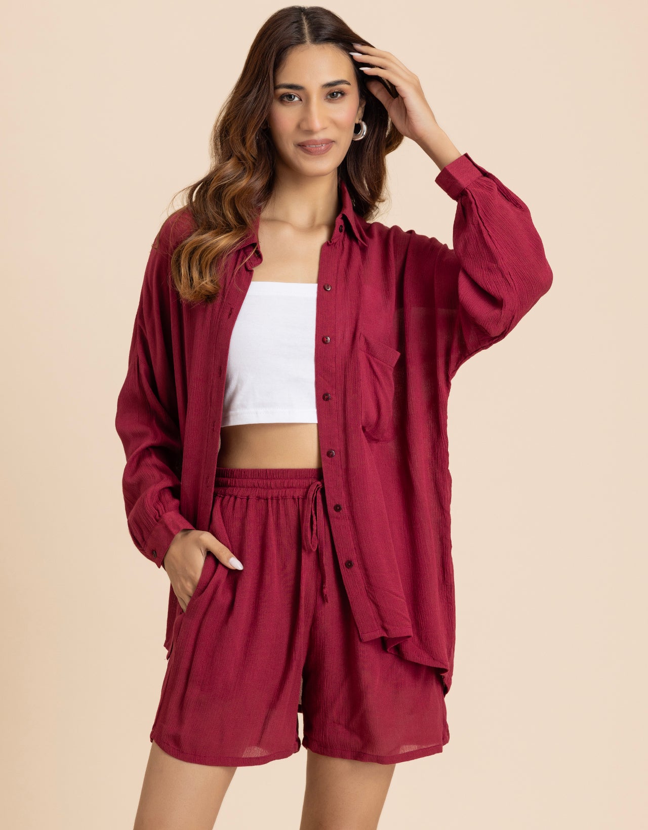 Women's 2 Pcs Co-Ord Set Long Shirt With Shorts