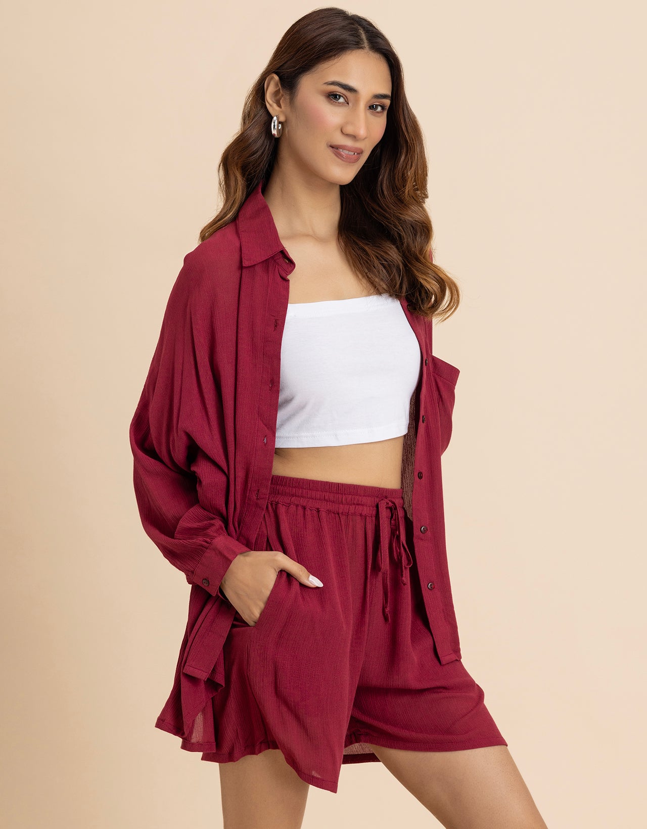 Women's 2 Pcs Co-Ord Set Long Shirt With Shorts