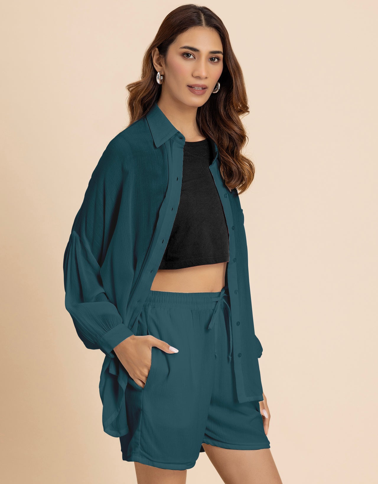 Women's 2 Pcs Co-Ord Set Long Shirt With Shorts