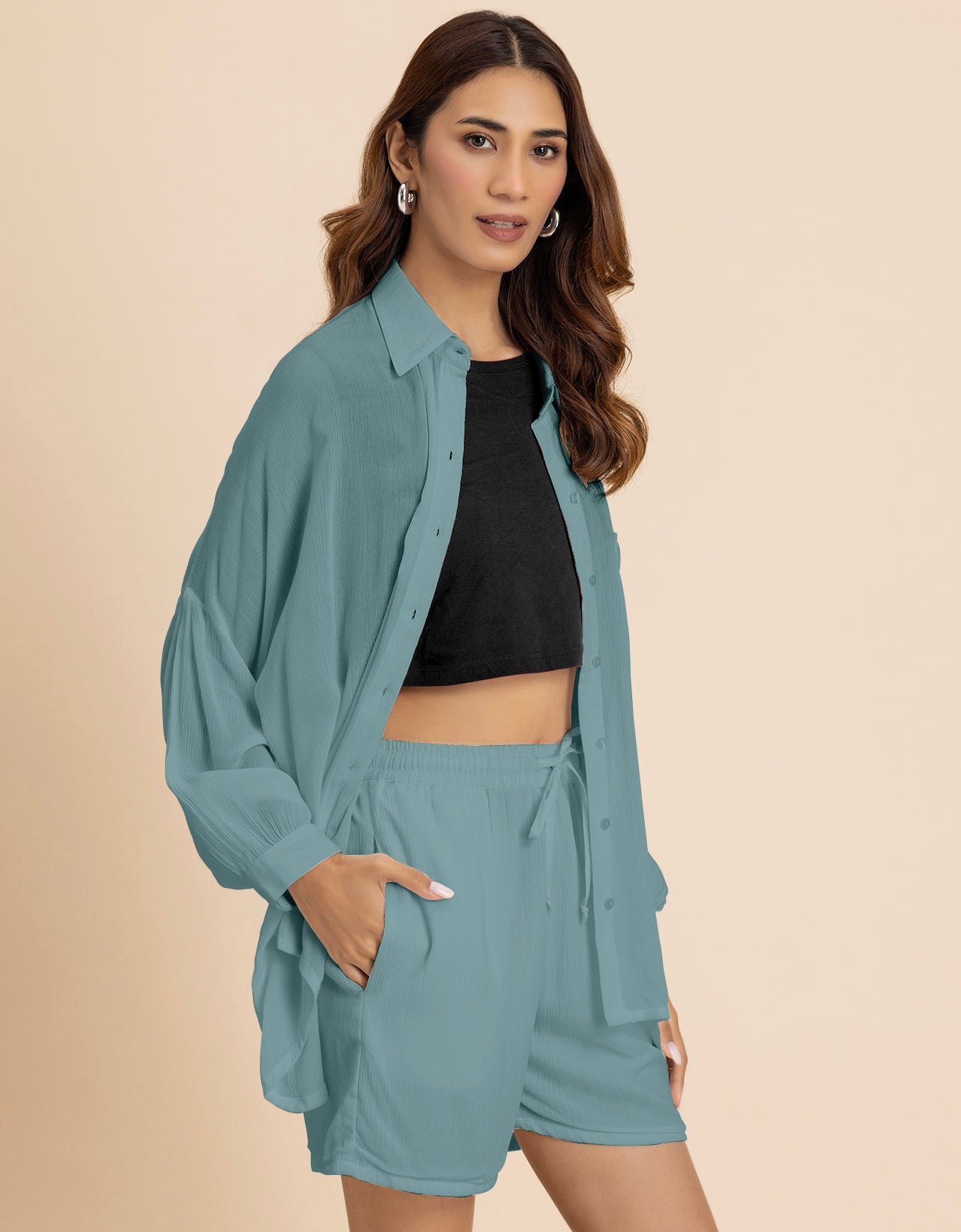 Women's 2 Pcs Co-Ord Set Long Shirt With Shorts