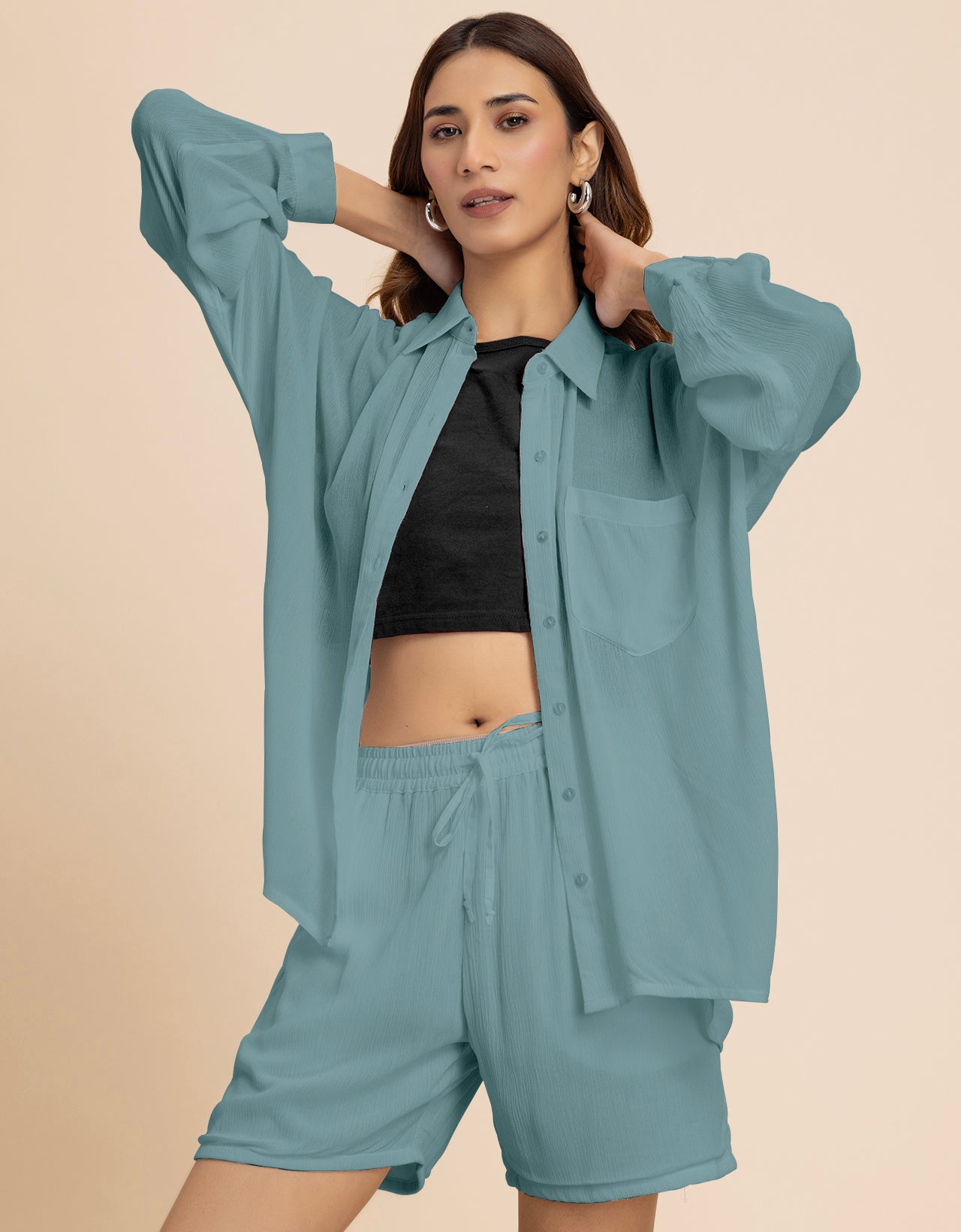 Women's 2 Pcs Co-Ord Set Long Shirt With Shorts