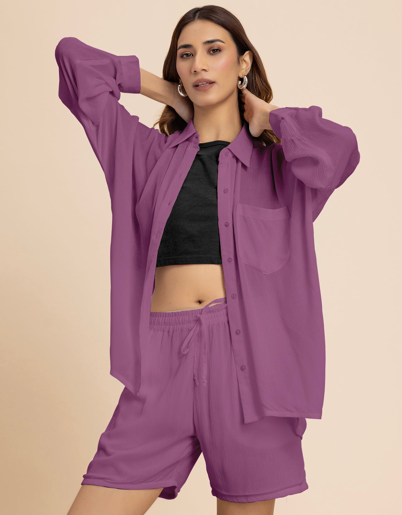 Women's 2 Pcs Co-Ord Set Long Shirt With Shorts
