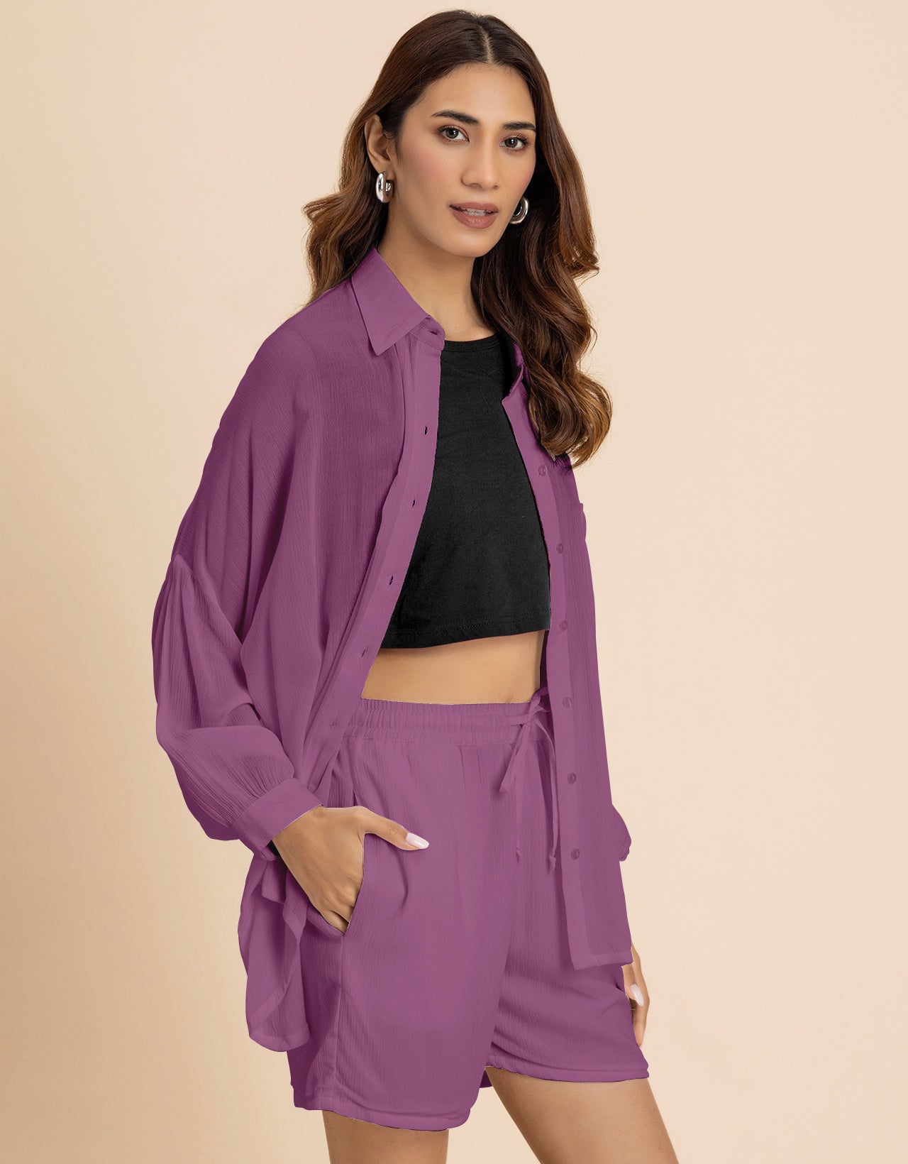 Women's 2 Pcs Co-Ord Set Long Shirt With Shorts