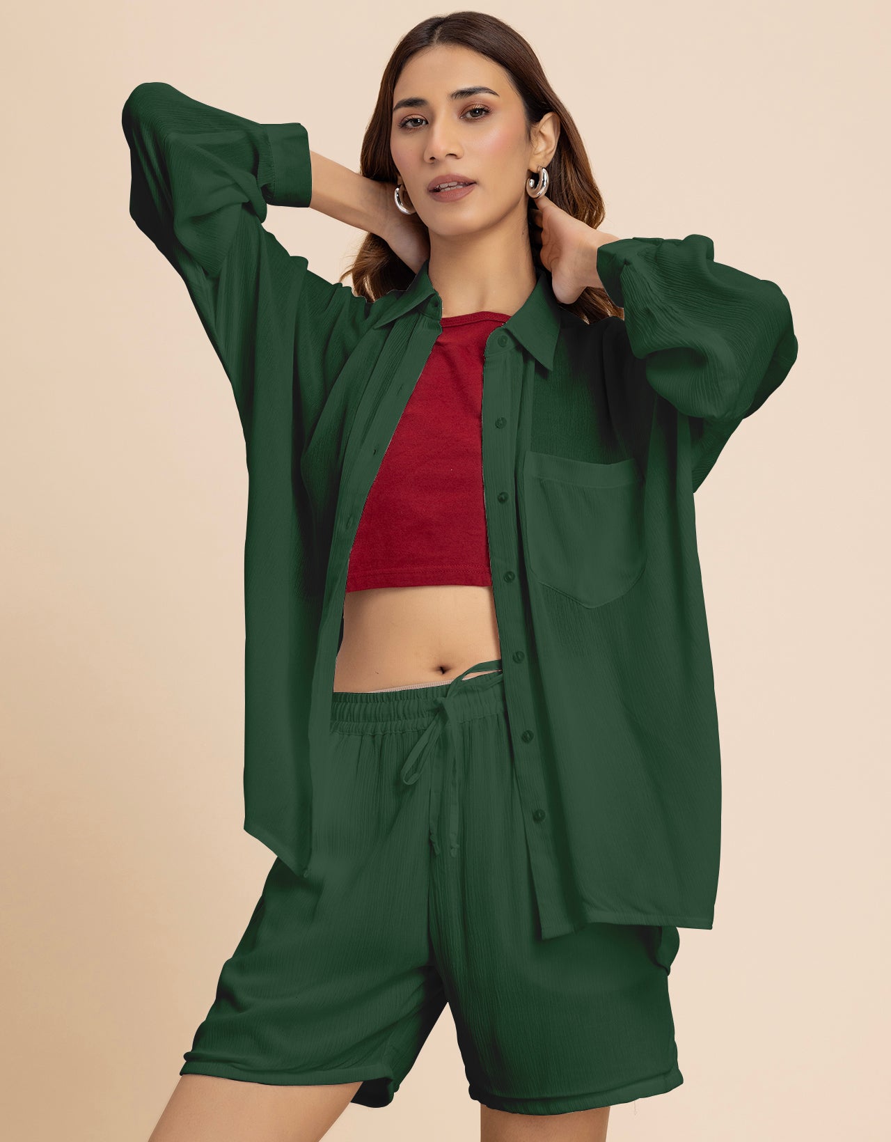 Women's 2 Pcs Co-Ord Set Long Shirt With Shorts