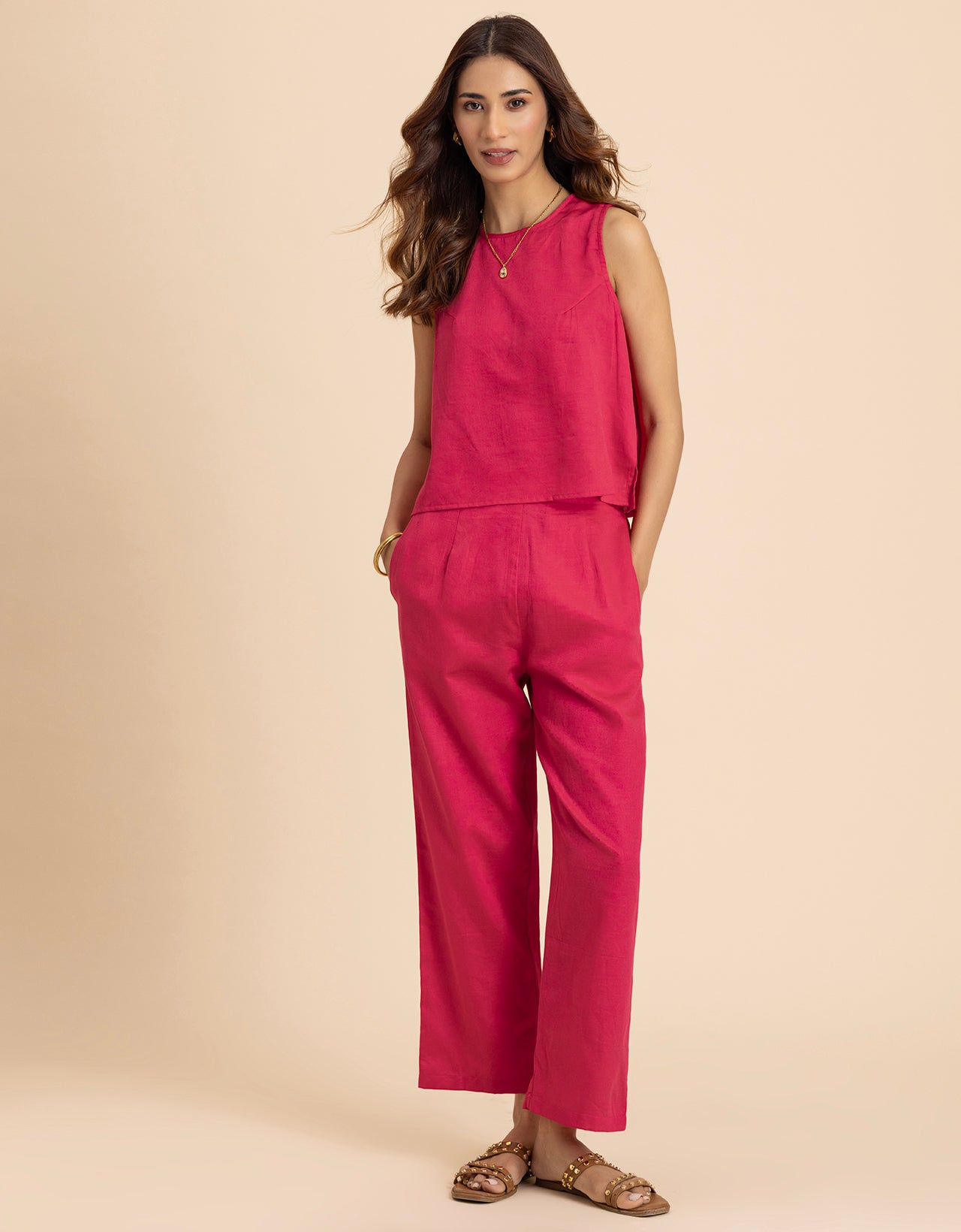 Women 2 Pcs Casual Cotton Co-Ord Set Top With Pants