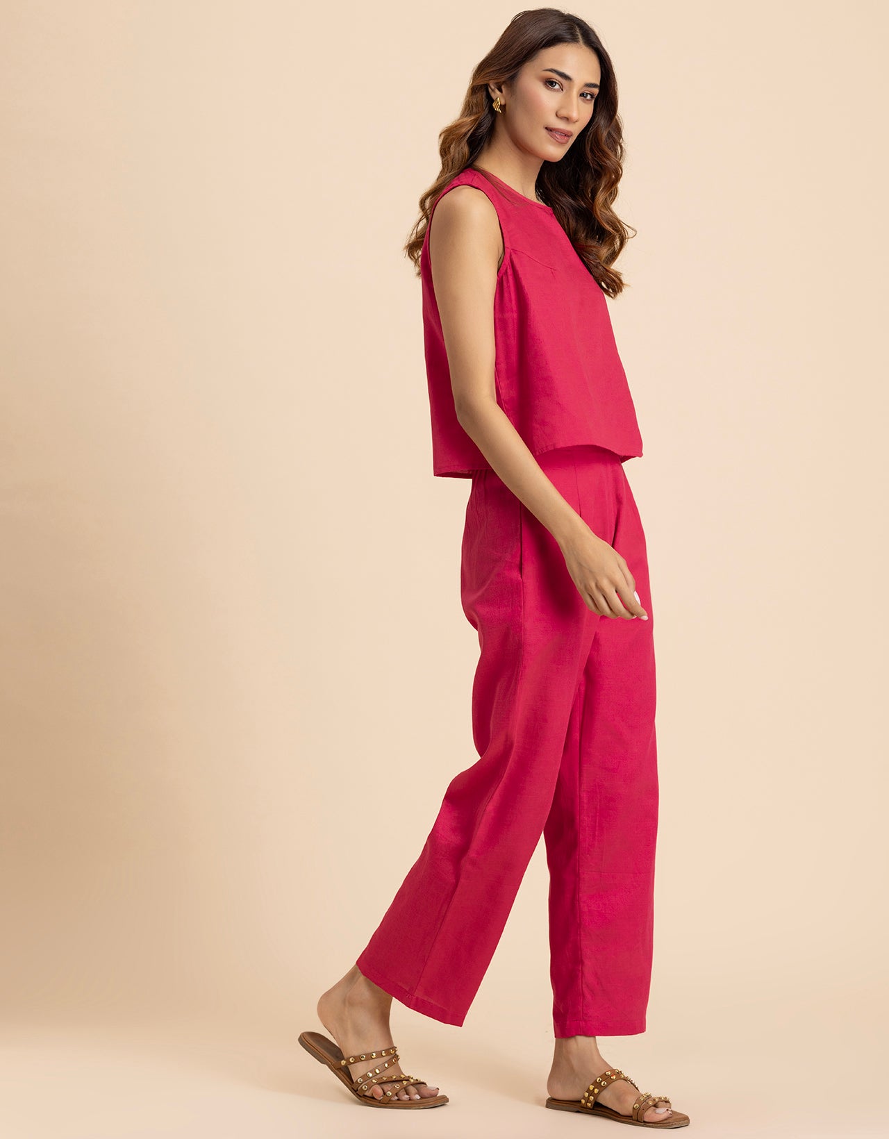 Women 2 Pcs Casual Cotton Co-Ord Set Top With Pants