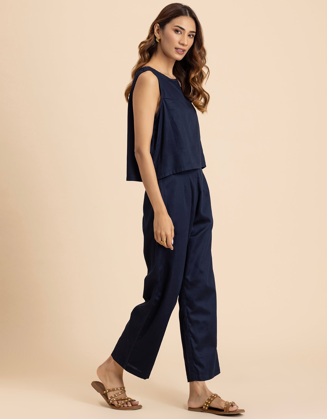 Women 2 Pcs Casual Cotton Co-Ord Set Top With Pants