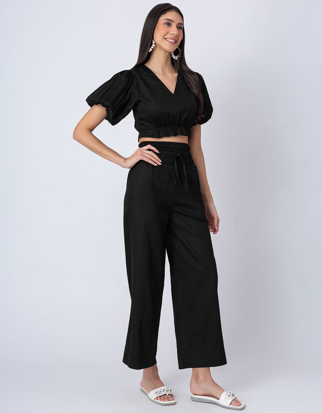 2 Pcs Cotton Co-ord Set, Crop Top With Flared Palazzo Pants For Women