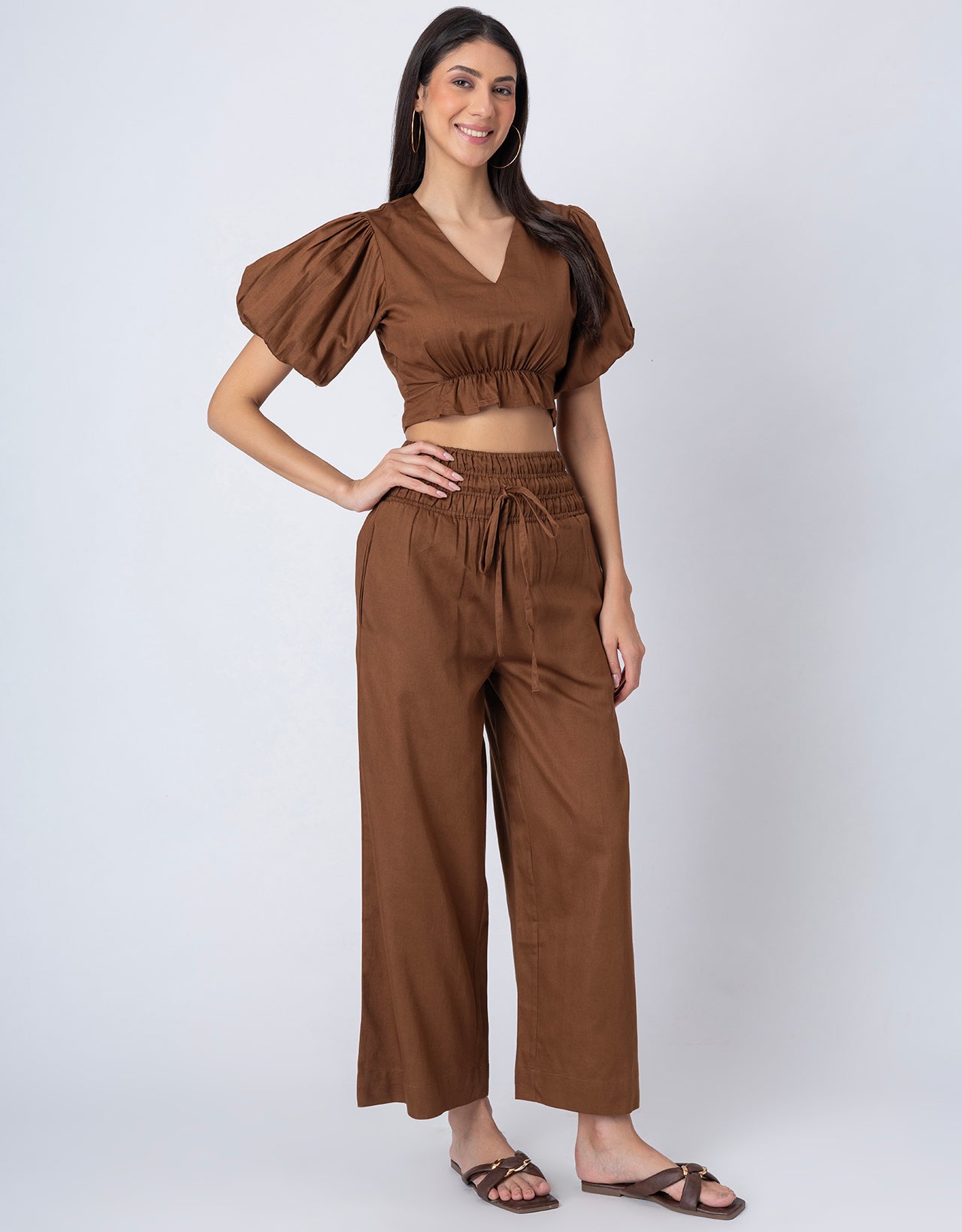 2 Pcs Cotton Co-ord Set, Crop Top With Flared Palazzo Pants For Women